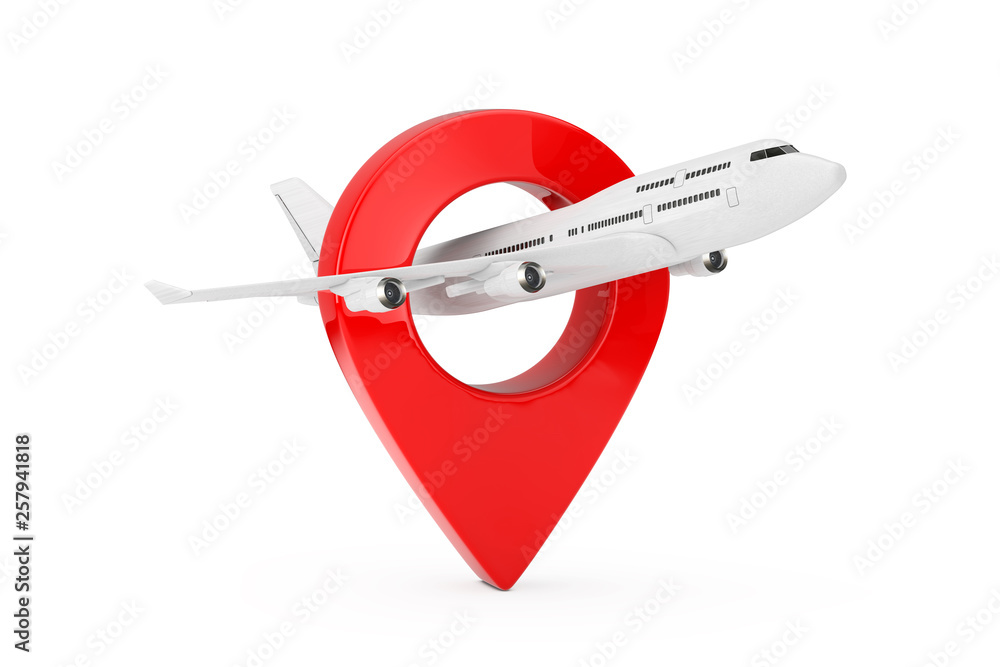 Aufkleber White Jet Passenger's Airplane with Target Pin Map Pointer. 3d Rendering