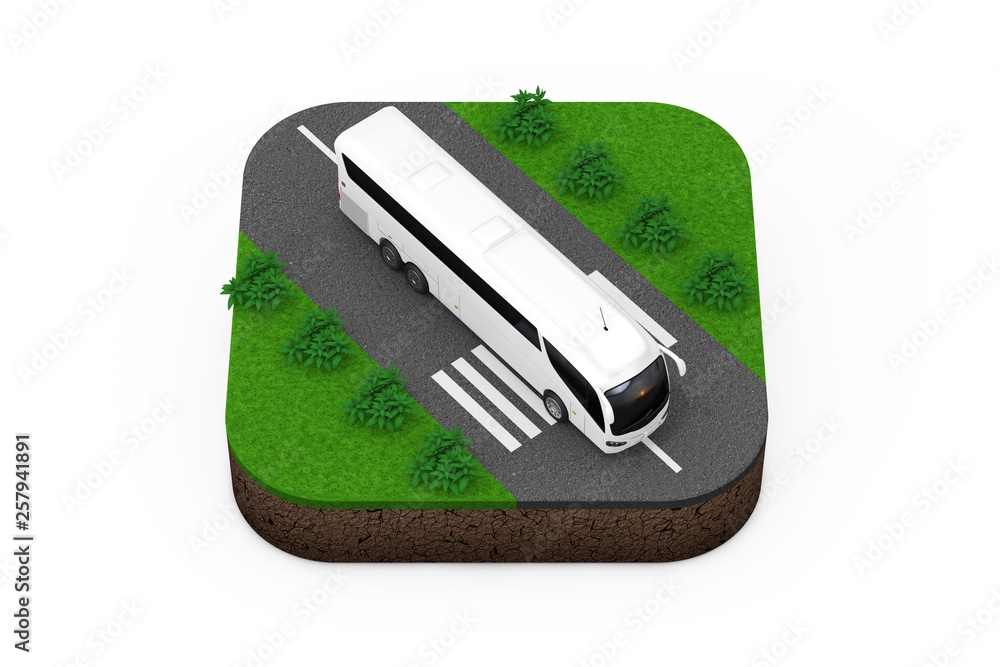 Poster big white coach tour bus over route isometric icon. 3d rendering