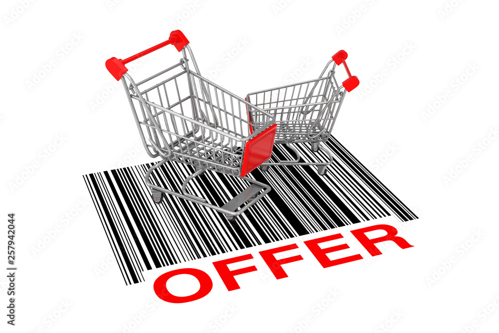 Poster Two Empty Shopping Carts over Abstract Bar Code with Offer Sign. 3d Rendering