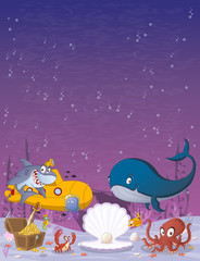 Cartoon underwater world with corals, fish and ocean creatures.