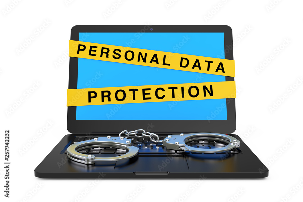 Aufkleber laptop with handcuffs and personal data protection tape sign. 3d rendering
