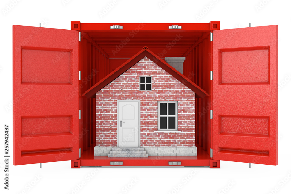 Poster red brick house in red cargo shipping container. 3d rendering