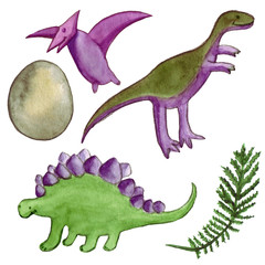 Watercolor dinosaurs.Hand drawn illustration isolated on a white background.Great for childish textiles and printing. © Galieva