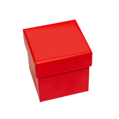 Red cardboard gift box. Packaging for shopping and gifts. Red box isolated. Tilted view