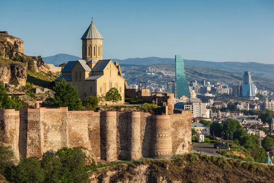 View of Narikala Fortress with Tbilisi Old Town against sky