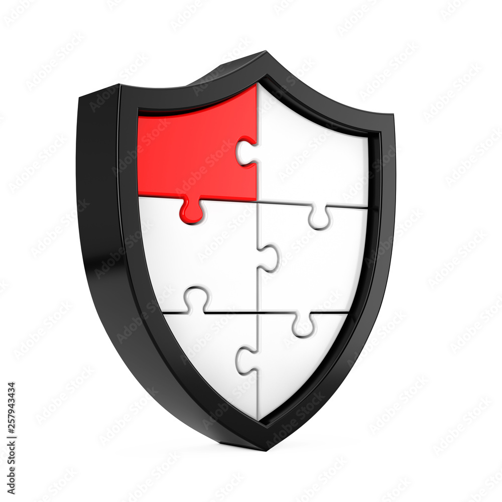 Poster abstract puzzle shield icon with one red segment. 3d rendering