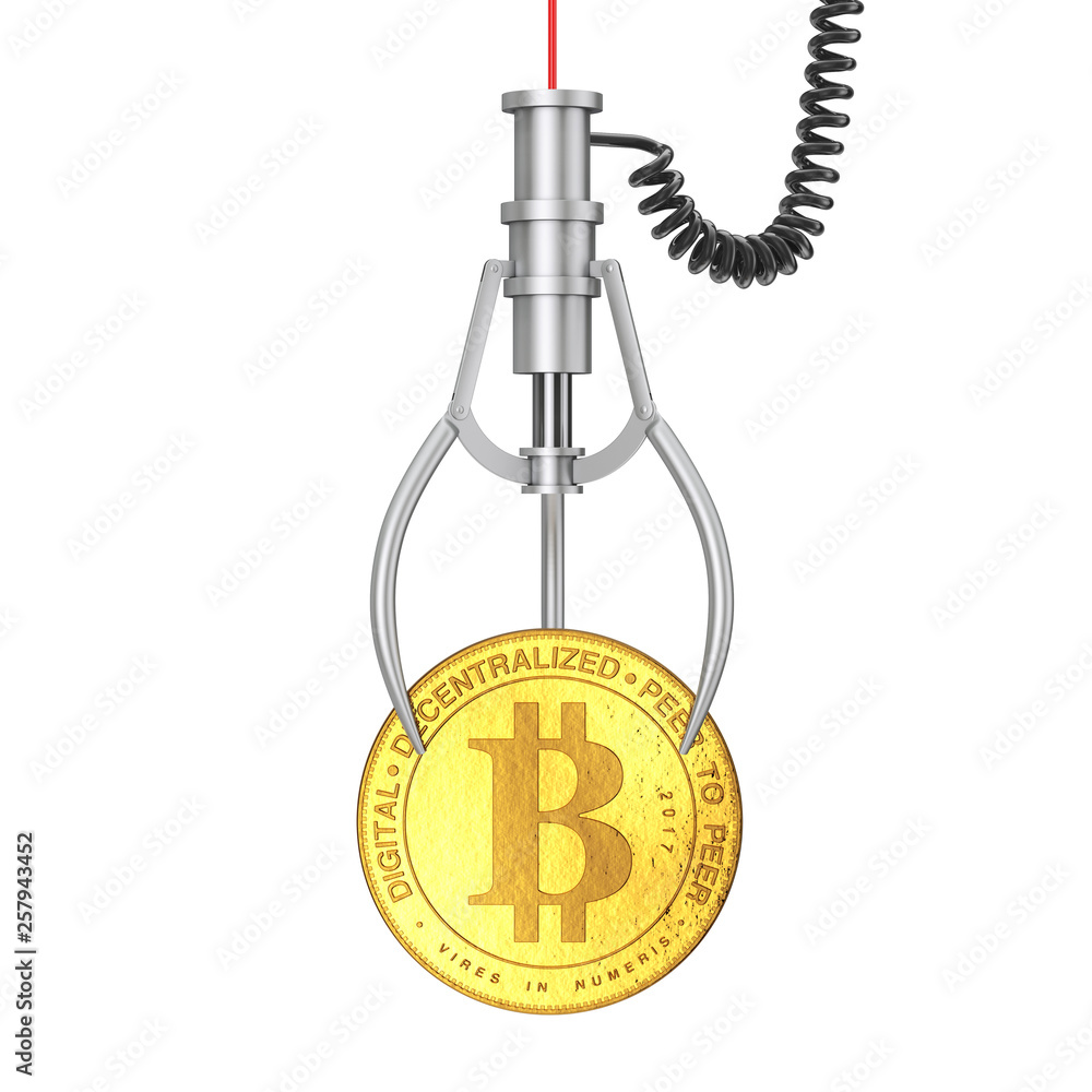 Aufkleber Golden Digital Bitcoin Coin in Chrome Robotic Claw. 3d Rendering