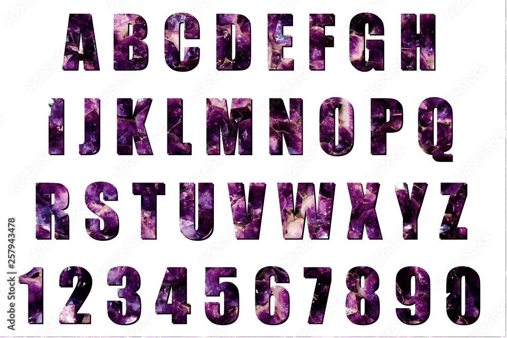 Fototapete latin alphabet and numbers with black substrate. font with background of amethyst