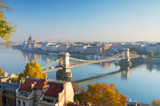 View of Szechenyi Chain Bridge and Budapest in background