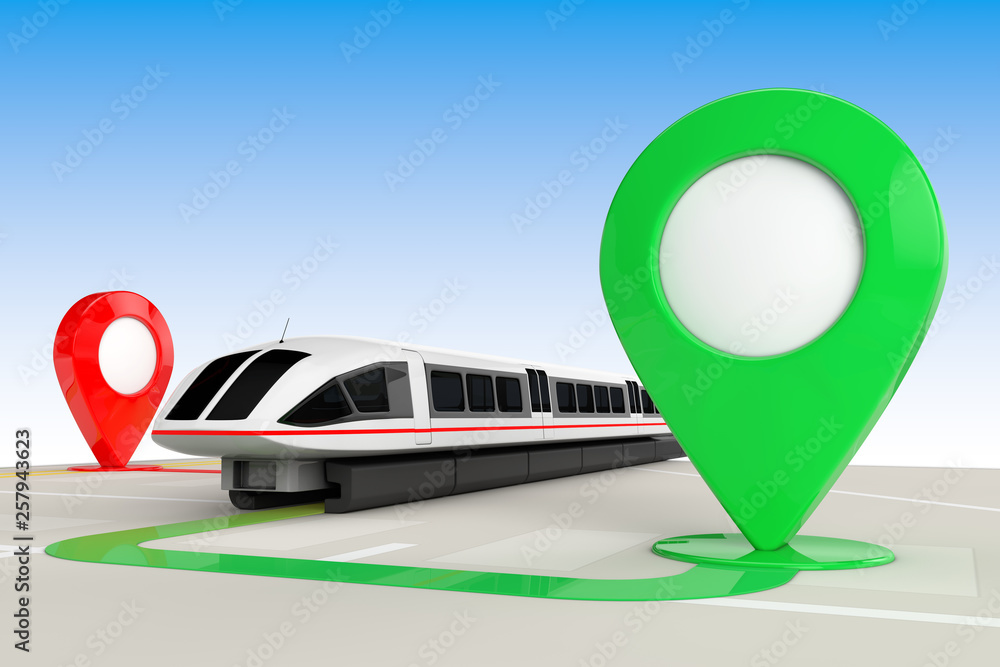 Leinwandbilder Train Travel Concept. Super High Speed Futuristic Commuter Train from above of Abstract Navigation Map with Target Map Pointers. 3d Rendering