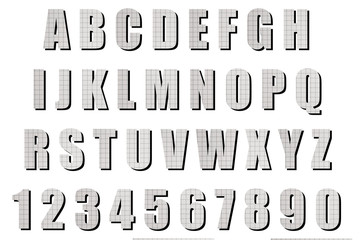 Latin alphabet and numbers with black substrate. Font with background of squared paper