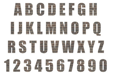Latin alphabet letters and numbers. Font with background of wall of gray brick