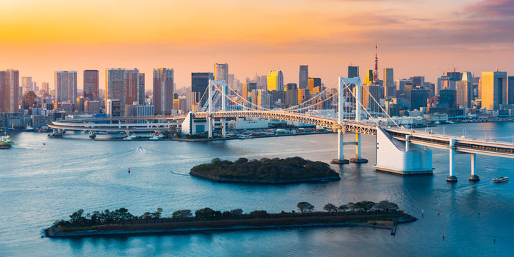 View of Rainbow Bridge in Tokyo at sunset