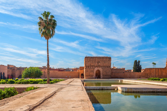 View of El Badi Palace against cloudy sky at Marrakech, Morocco