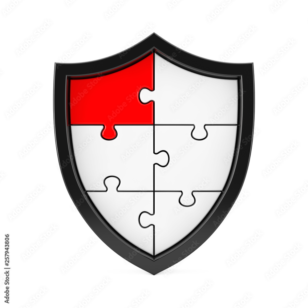 Poster abstract puzzle shield icon with one red segment. 3d rendering