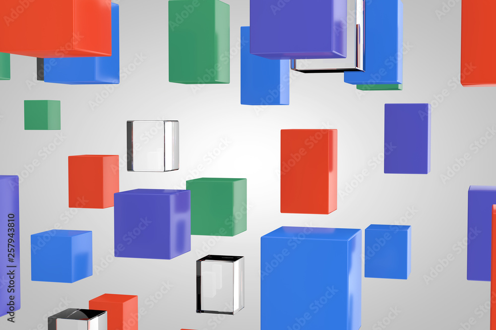 Aufkleber abstract multicolour and glass block cubes background. 3d rendering