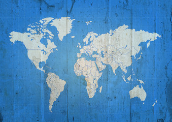 World map blue grunge concrete background