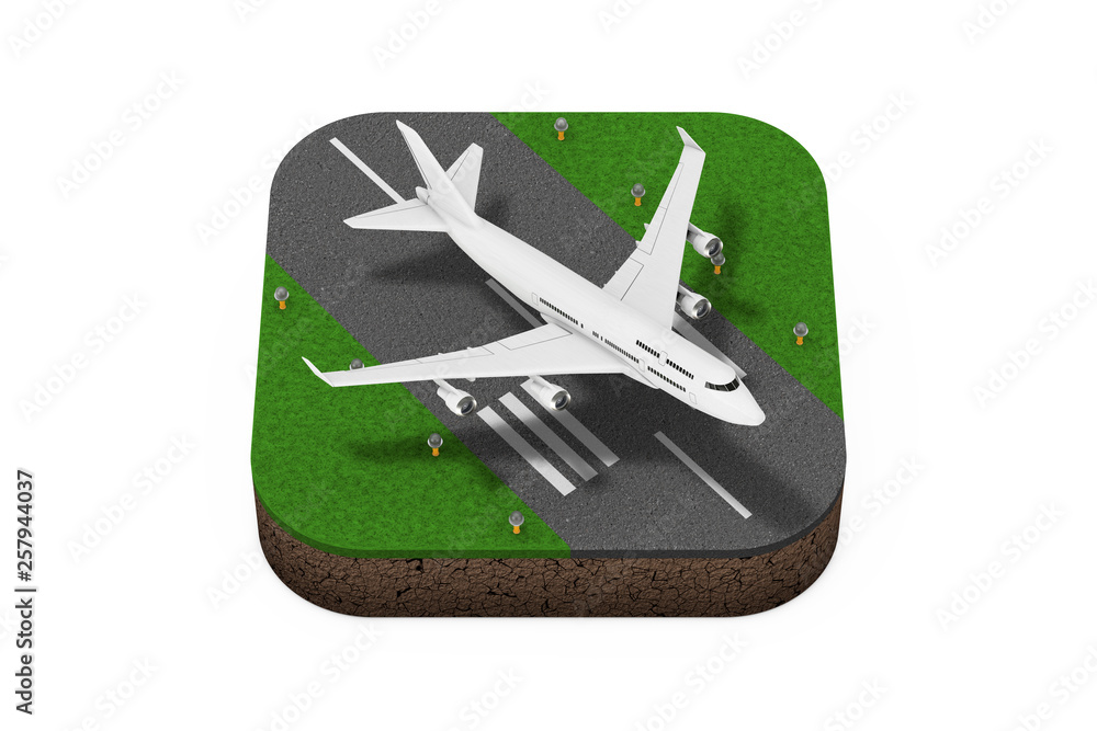 Poster white jet passenger's airplane takeoff from runway isometric icon. 3d rendering