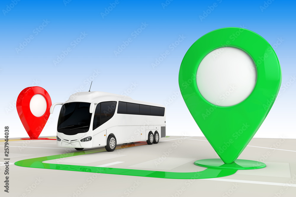 Poster Bus Travel Concept. Big White Coach Tour Bus from above of Abstract Navigation Map with Target Map Pointers. 3d Rendering
