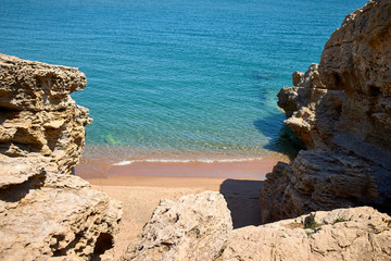 Rocks on the beach of Platja de Pals in a beautiful summer day, Costa Brava, Catalonia, Spain