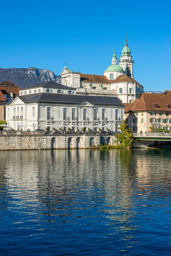 Exterior view of Solothurn Cathedral with Aare River 
