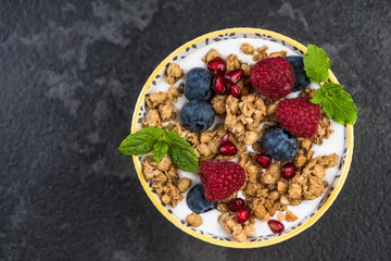 Hmemade healthy brunch or breakfast bowl, top view