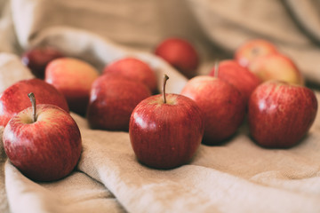 Close up view of red apples as background. Heap of ripe red apples. 