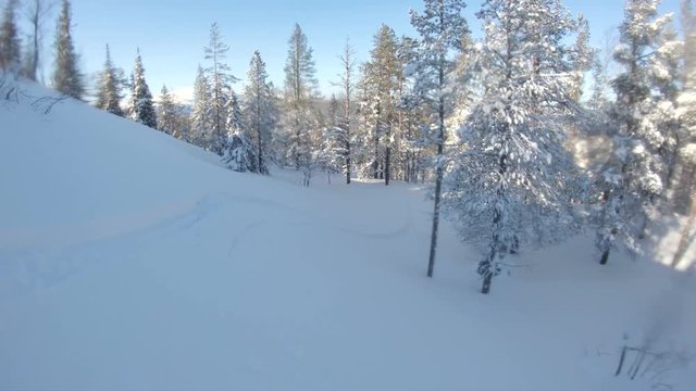 Freeride snowboarding at off piste backcountry. Sunny winter day with fresh white snow riding fast at the forest between trees and slopes. Filmed with gopro first person view. Pyhä Lapland Finland