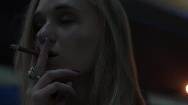 Real Time Thoughtful Young Woman Smokes A Cigarette In The City At Night Closeup