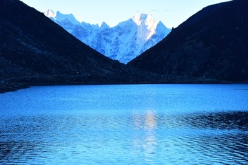Himalayan blue lake with snowy mountains