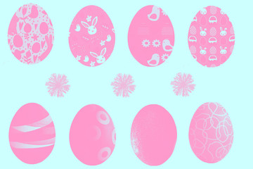 Happy easter background. Abstract eight light pink easter eggs on a turquoise basis background. Space for your design. Card concept.