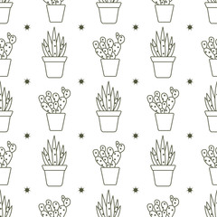 Vector seamless pattern with cactus and succulents