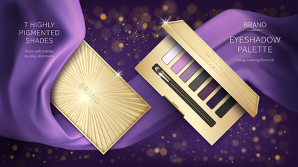 Cosmetic vector realistic eye shadow ads. Elegant golden palette, open case with purple eye shadows and make-up applicator on background of silk violet folds fabric and sparkles, decorative cosmetics