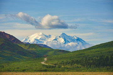 With its huge mountains and surrounded by a wonderful biodiversity lies the Denali National Park and Preserve. Touristic route and cloud sky. Landscape, fine art. Parks Hwy, Alaska, EUA: July 28, 2018