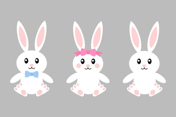 Happy easter bunny - vector set. Bunnies with bows girl and boy. Cute bunny. White rabbit isolated. Cartoon