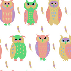 Obraz premium seamless pattern of funny owls and feathers