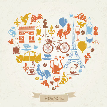 Vector I love France design with symbols of  French culture. 