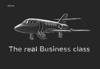 Private jet vector hand drawn sketch. Business jet illustration chalk style.