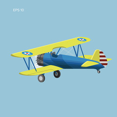 Retro biplane plane vector illusration. Vintage piston engine airplane flat design © Shkuro