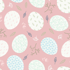 Pale pink Happy Easter seamless pattern with white decorated eggs, branches and flowers. Cute red spring ornamental eggs texture for Easters package, gift wrapping paper, textile, covers, background