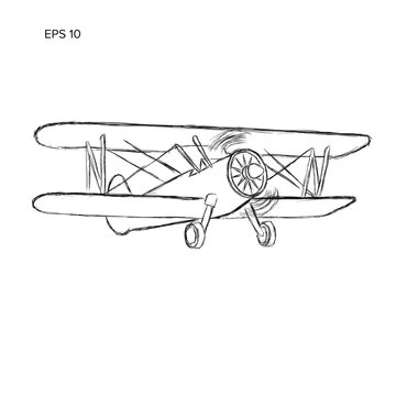 recommend clip art: Retro biplane plane vector drawing. Vintage piston engine airplane sketch