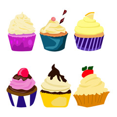 Set of tasty cakes isolated on white. Vector .