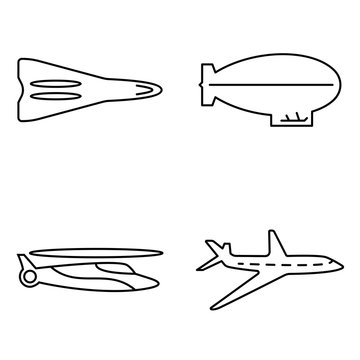 Simple set of public vector thin line icons. Airplane helicopter rocket and airship