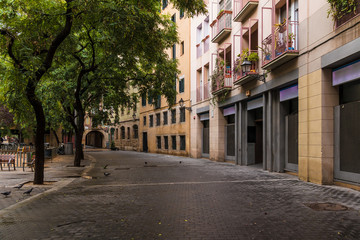View of the L'Allada Vermell street in overcast autumn day in the Gothic Quarter, Barcelona, Spain