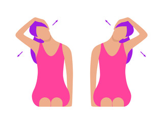 Obraz na płótnie Canvas Vector colorful flat illustration. Neck exercises by girl for relax. Tilt head to the shoulder. Pull head in the opposite direction. Creative concept. Purple and pink colors. White background