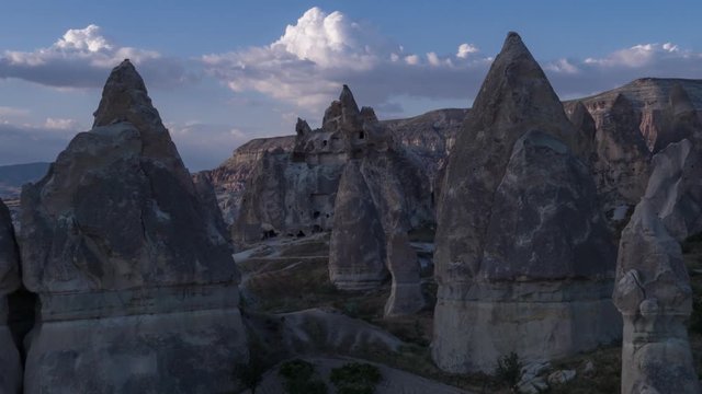 Aerial photography from drone, flight between the mountains of Cappadocia, Goreme. Landscape Panaroma. Aerial view. Turkey 4k