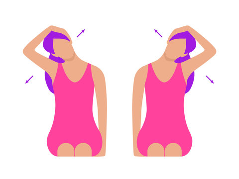 Vector colorful flat illustration. Neck exercises by girl for relax. Tilt head to the shoulder. Pull head in the opposite direction. Creative concept. Purple and pink colors. White background