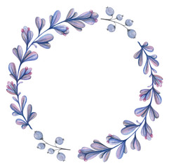 watercolor blue and violett wreath with leaves and berries on a white background