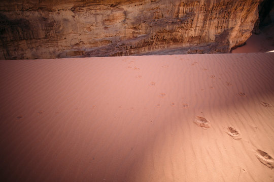 Lone Footprints on Red Sand Dune under Majestic Rock Overhang