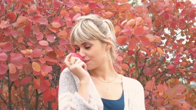 Slow Motion Girl With Apple Fruit, Portrait Girl, Autumn Park